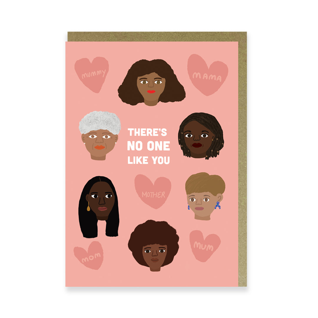 A colourful card featuring Six Black and mixed race, mixed heritage mums of different age groups. A Black Mother's Day card, or birthday card. Black greeting cards.