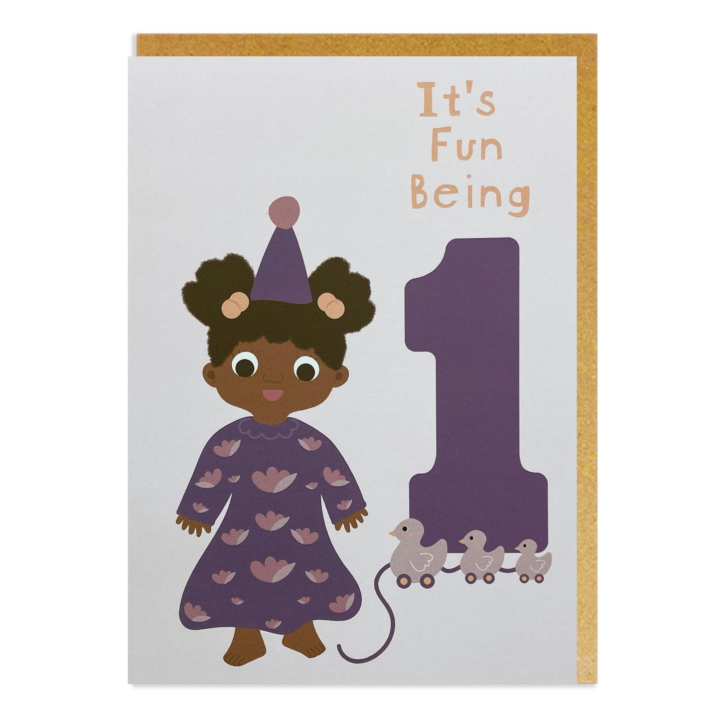 A birthday card featuring a girl in a colourful dress and a birthday hat, celebrating a one-year-old girl of Black or mixed-race heritage.
A birthday card for a 1 year old girl. Black birthday cards, mixed race, mixed heritage.