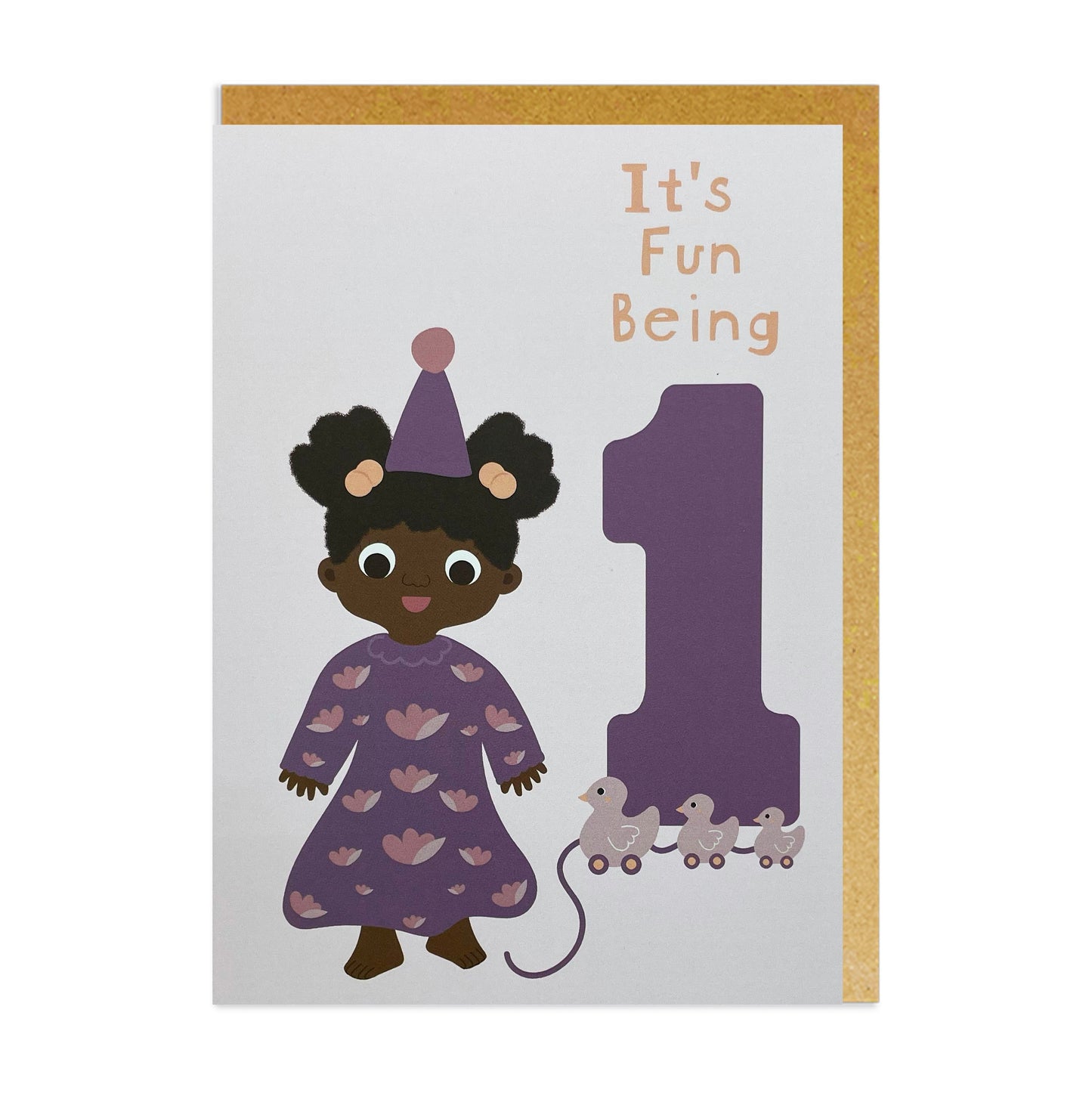 A birthday card featuring a girl in a colourful dress and a birthday hat, celebrating a one-year-old girl of Black or mixed-race heritage.