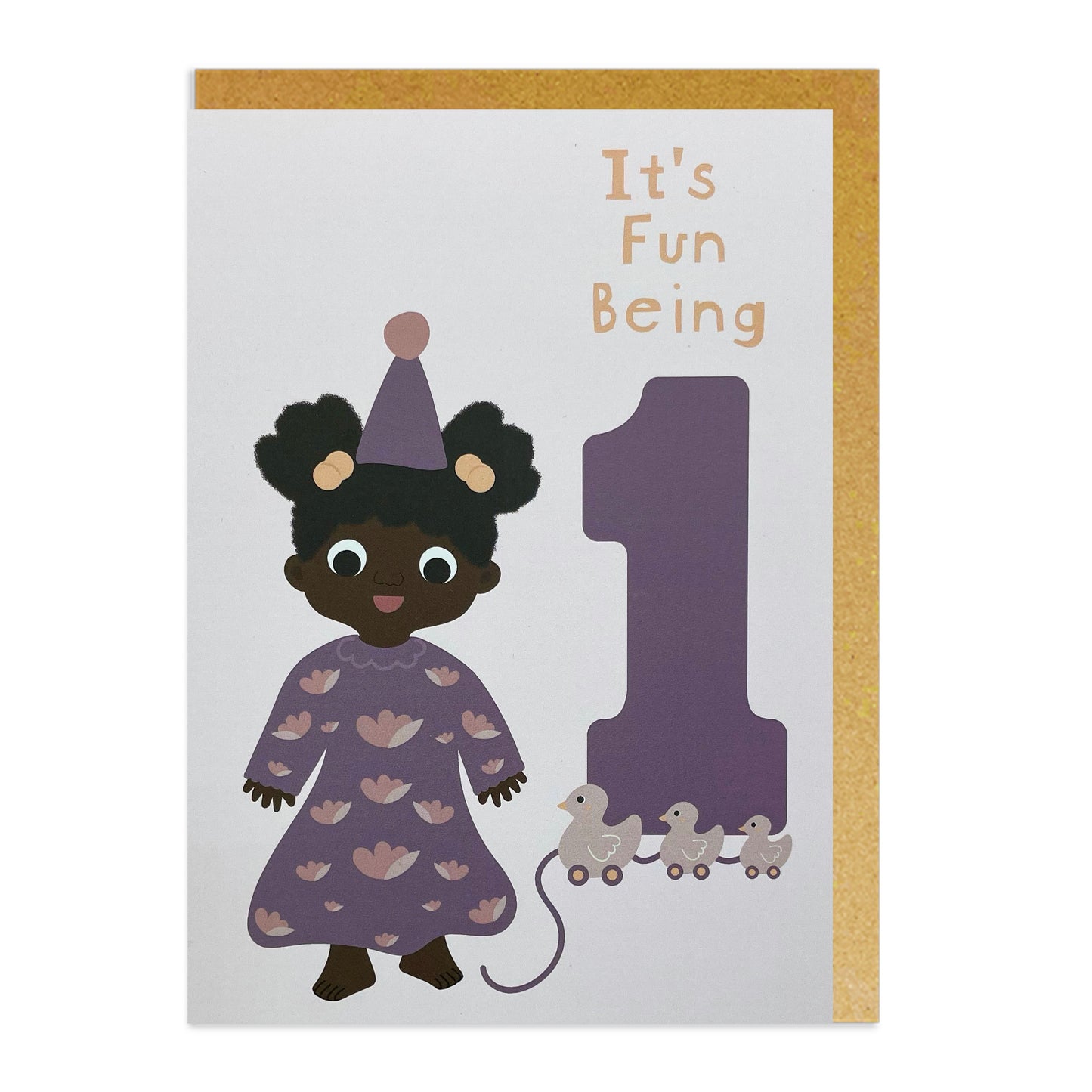 A birthday card featuring a girl in a colourful dress and a birthday hat, celebrating a one-year-old girl of Black or mixed-race heritage.
