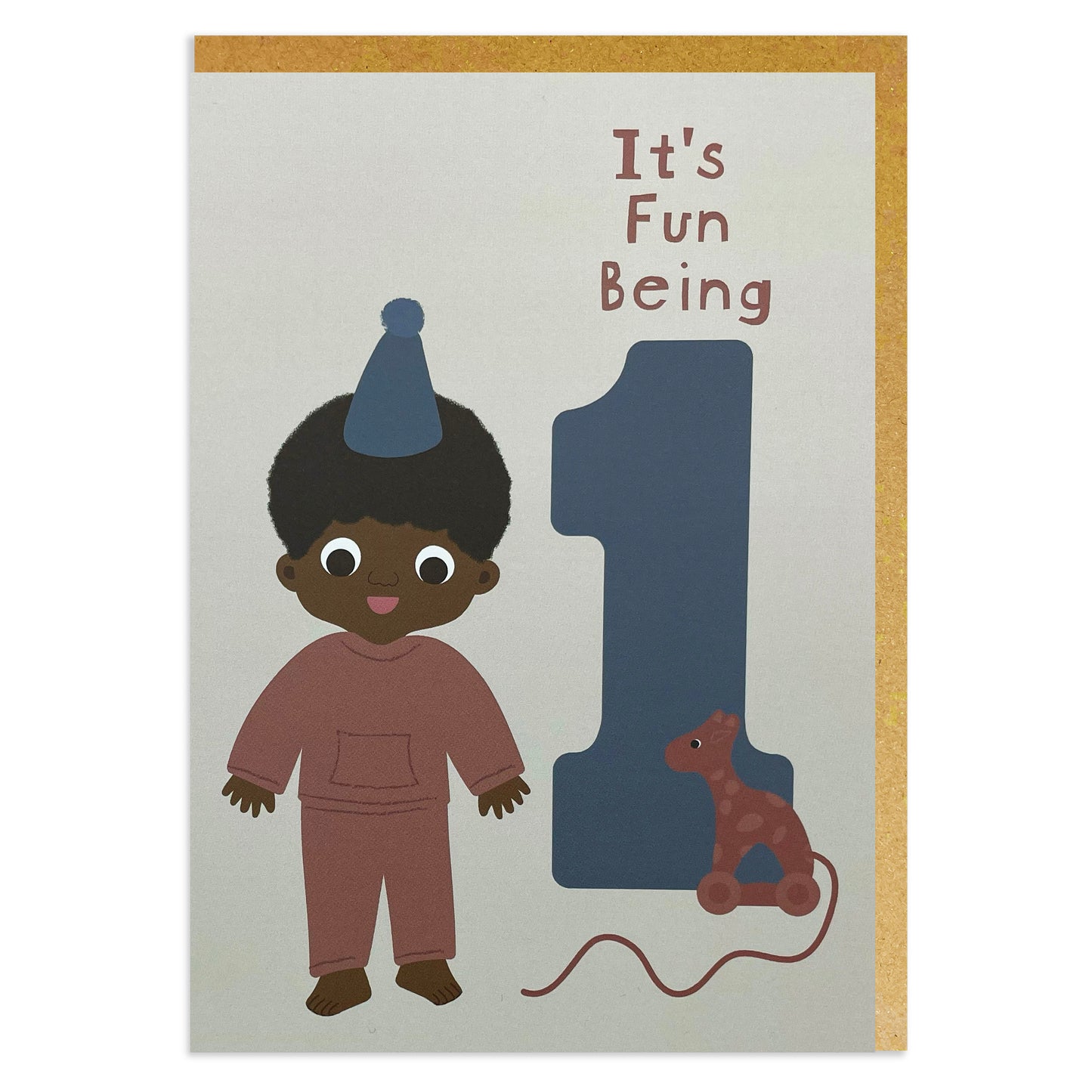 A black birthday card for a 1-year-old Black or mixed-race boy in a colorful party hat, alongside a cute giraffe toy.