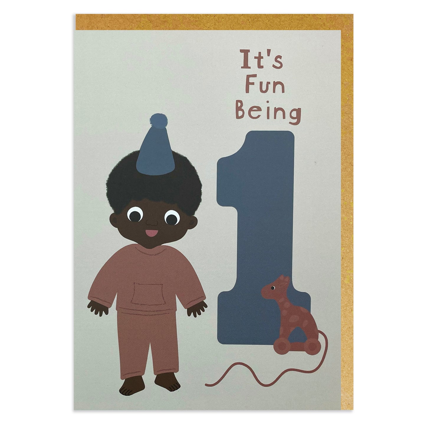 A black birthday card for a 1-year-old Black or mixed-race boy in a colorful party hat, alongside a cute giraffe toy.