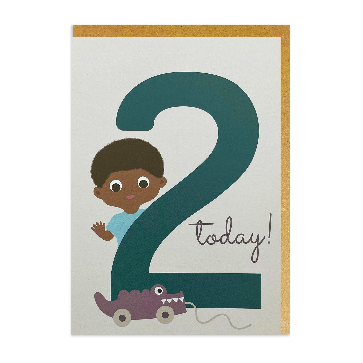 A Black birthday card featuring a two-year-old boy of Black or mixed-race heritage holding a number two and a playful crocodile toy beside him.