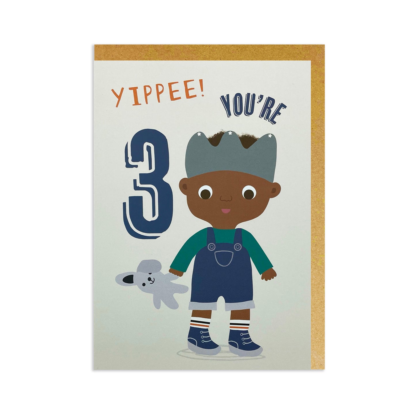 A black birthday card featuring a black or mixed-race boy holding a cuddly rabbit and celebrating his 3rd birthday.