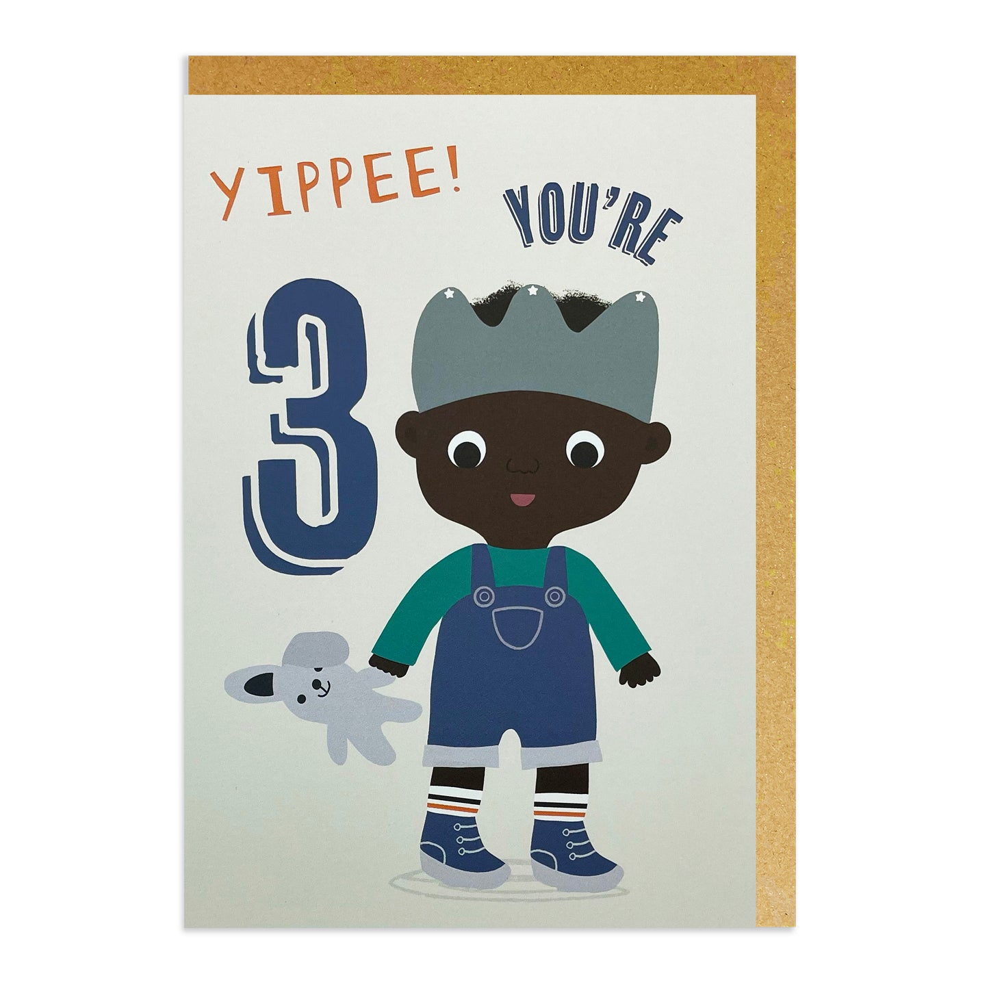 A black birthday card featuring a black or mixed-race boy holding a cuddly rabbit and celebrating his 3rd birthday.