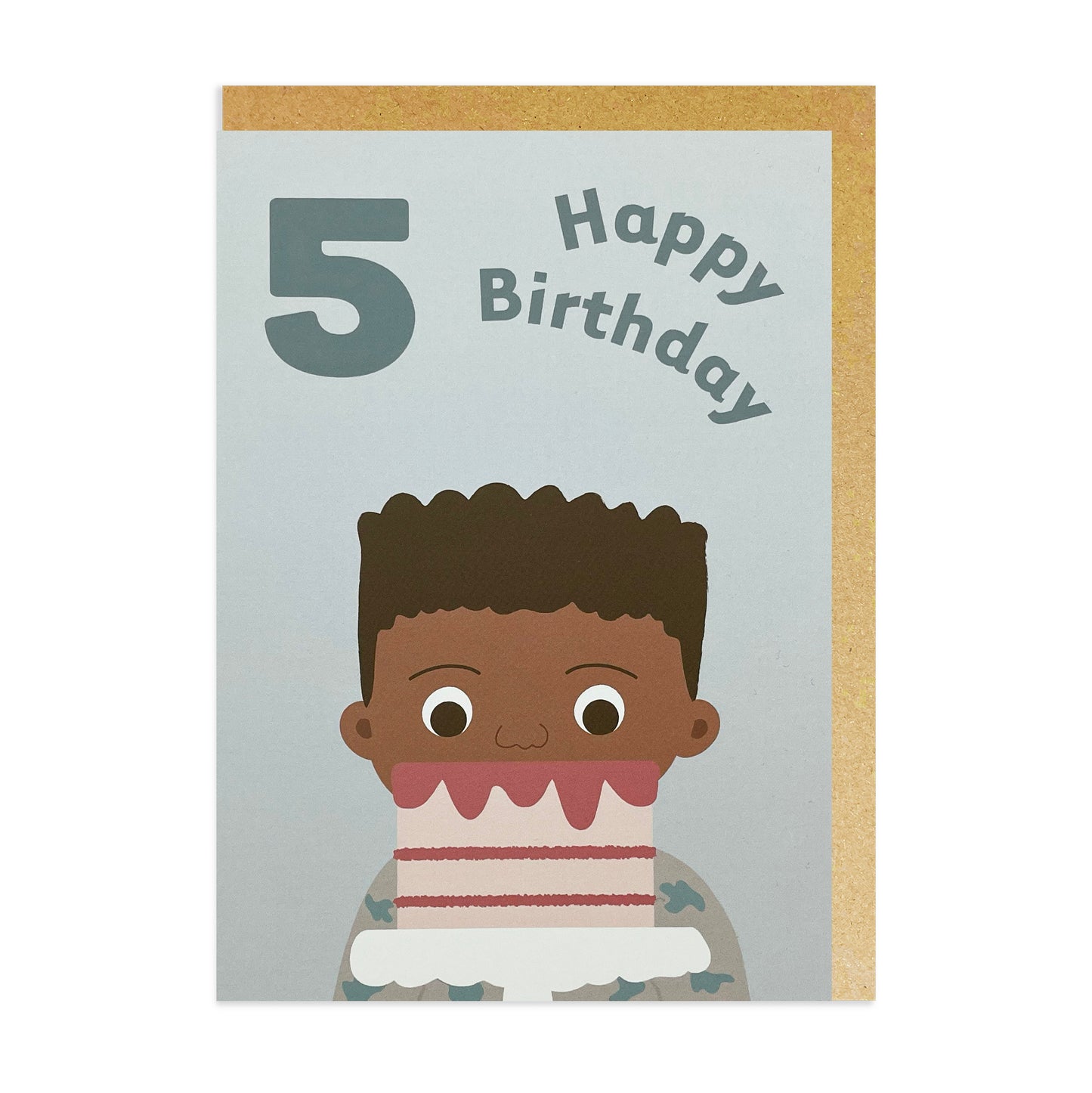 A 5th black birthday card featuring a black or mixed race boy happily celebrating his birthday with delicious cake!