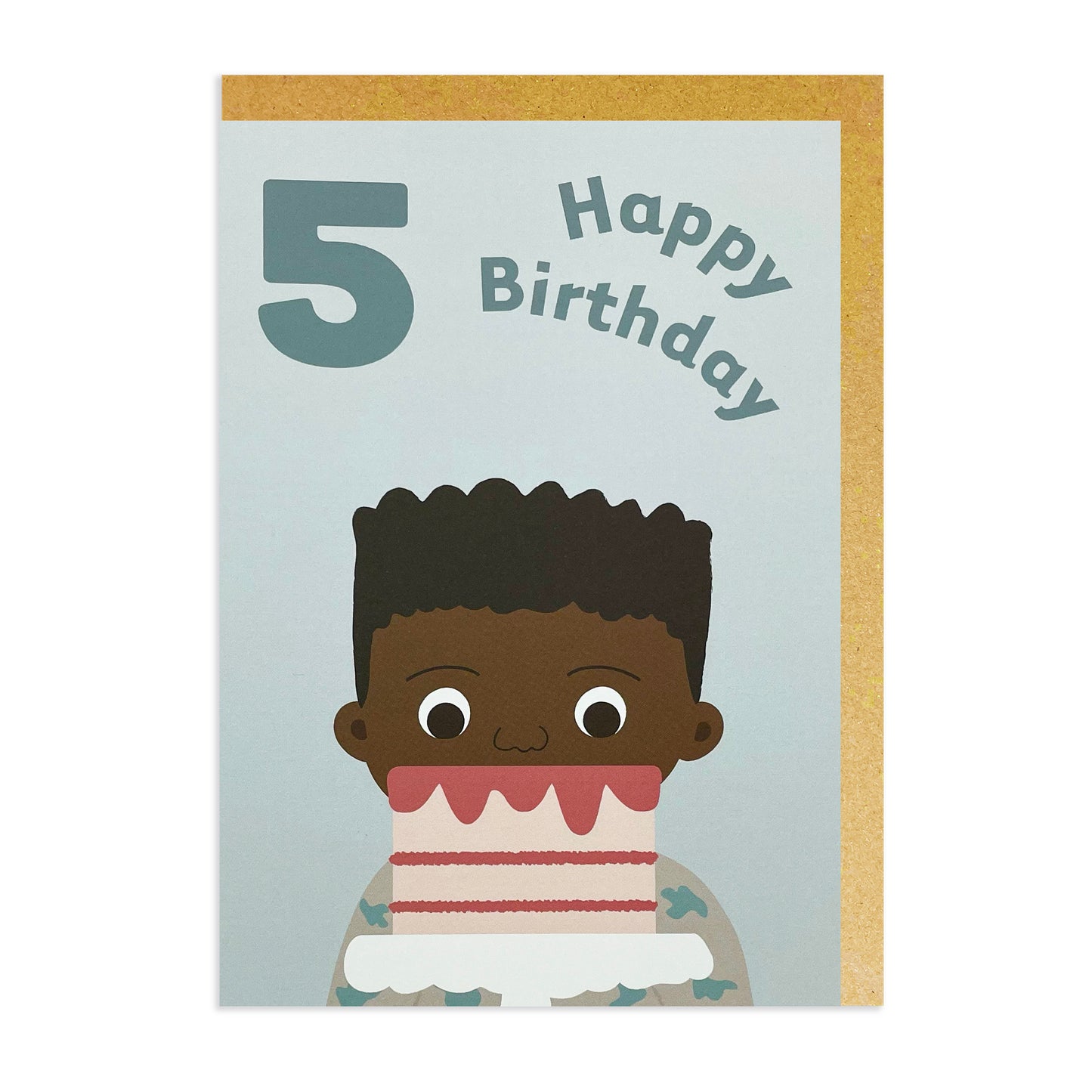 A 5th black birthday card featuring a black or mixed race boy happily celebrating his birthday with delicious cake!