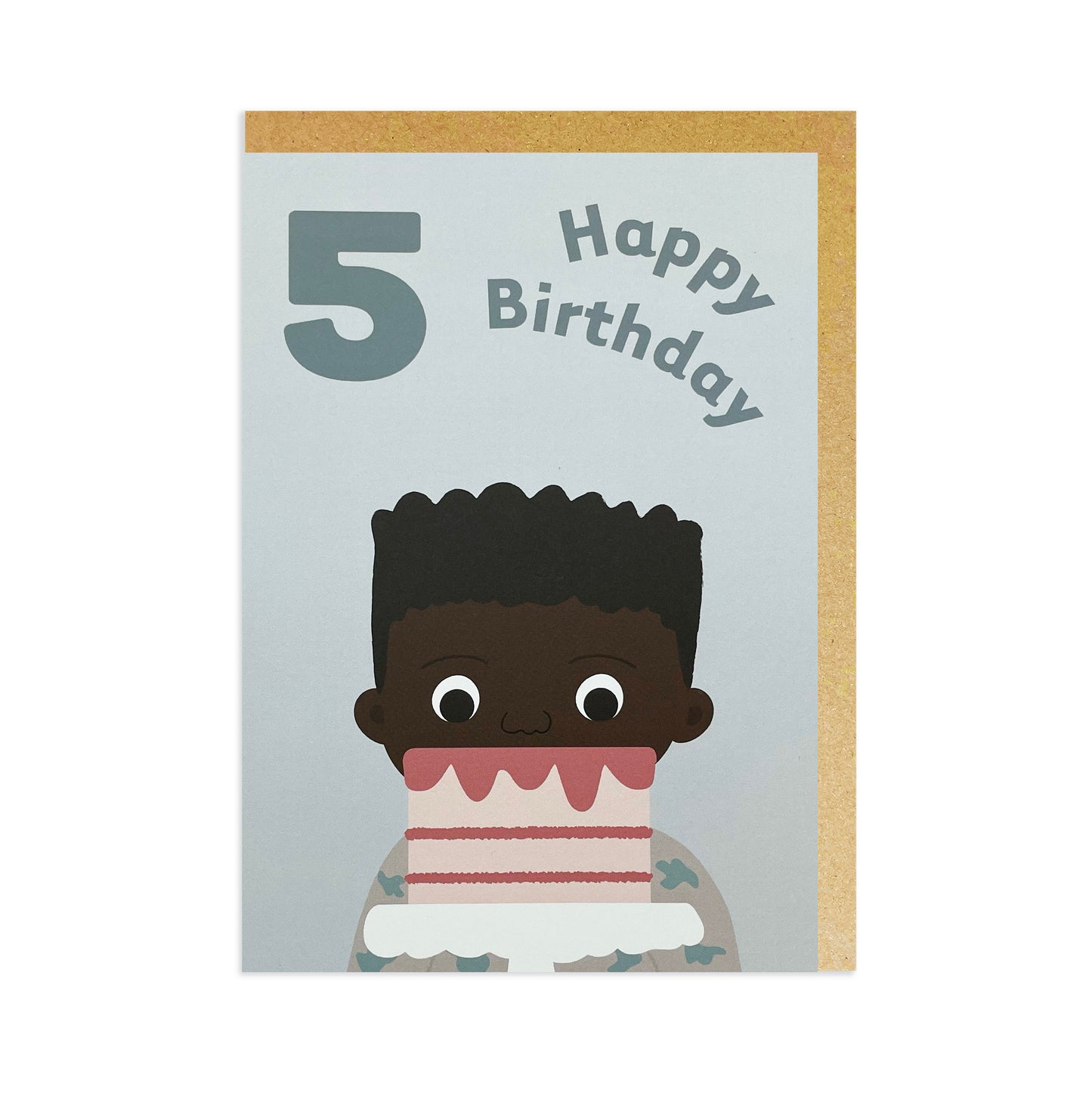 A 5th black birthday card featuring a black or mixed race boy happily celebrating his birthday with delicious cake!