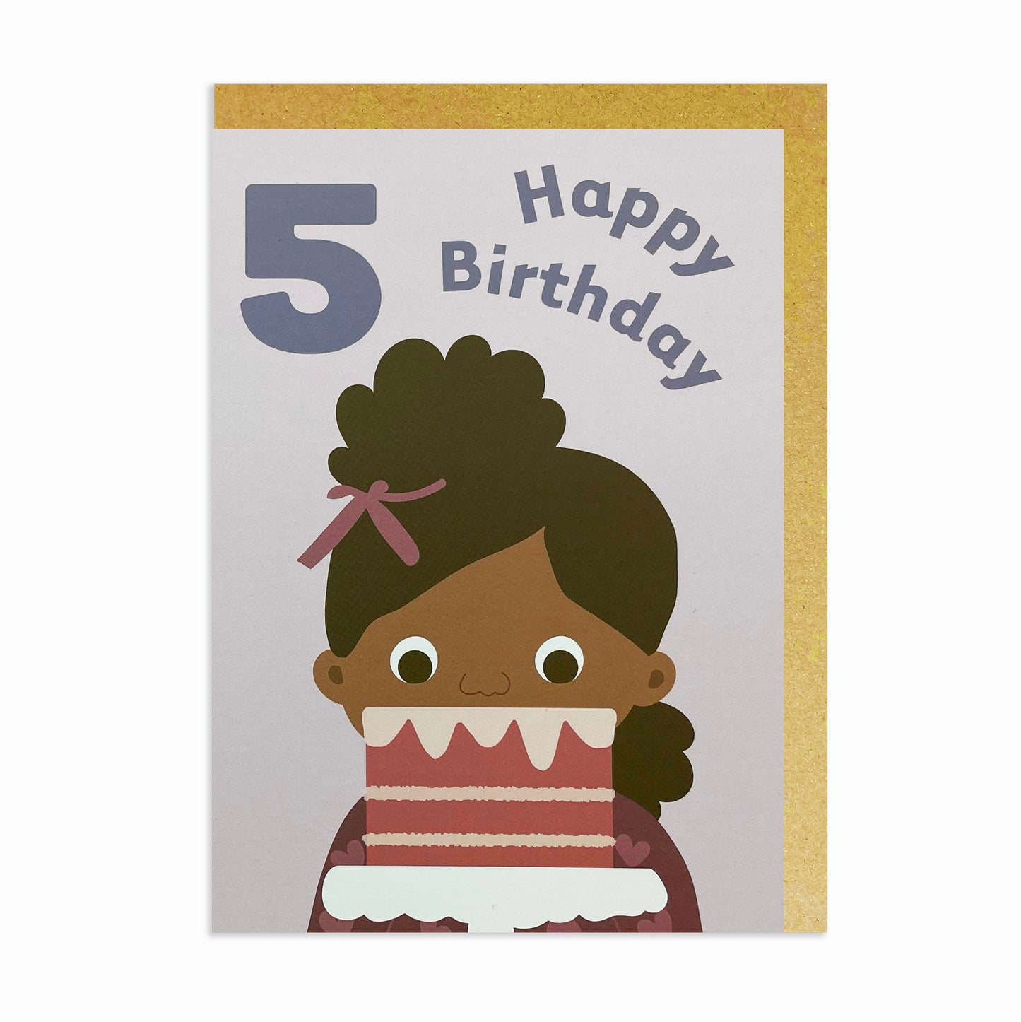 A 5th black birthday card featuring a black or mixed race girl happily celebrating her birthday with delicious cake!