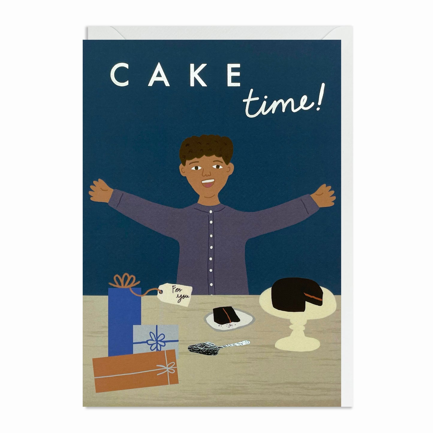 Black and Mixed race man, enjoying birthday cake & presents. Black and Mixed Race Birthday Card