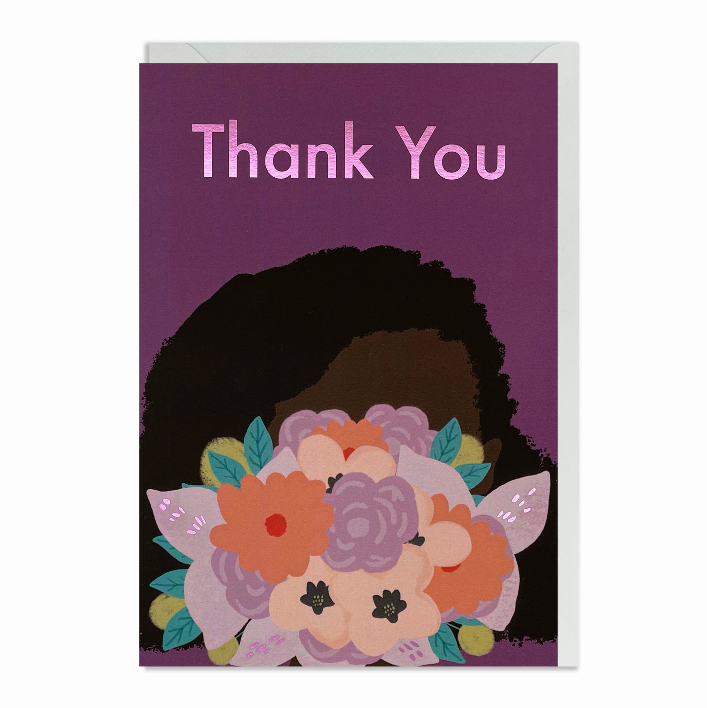 Black Woman hiding her face behind a bouquet of beautiful colourful flowers. Black Greeting Card