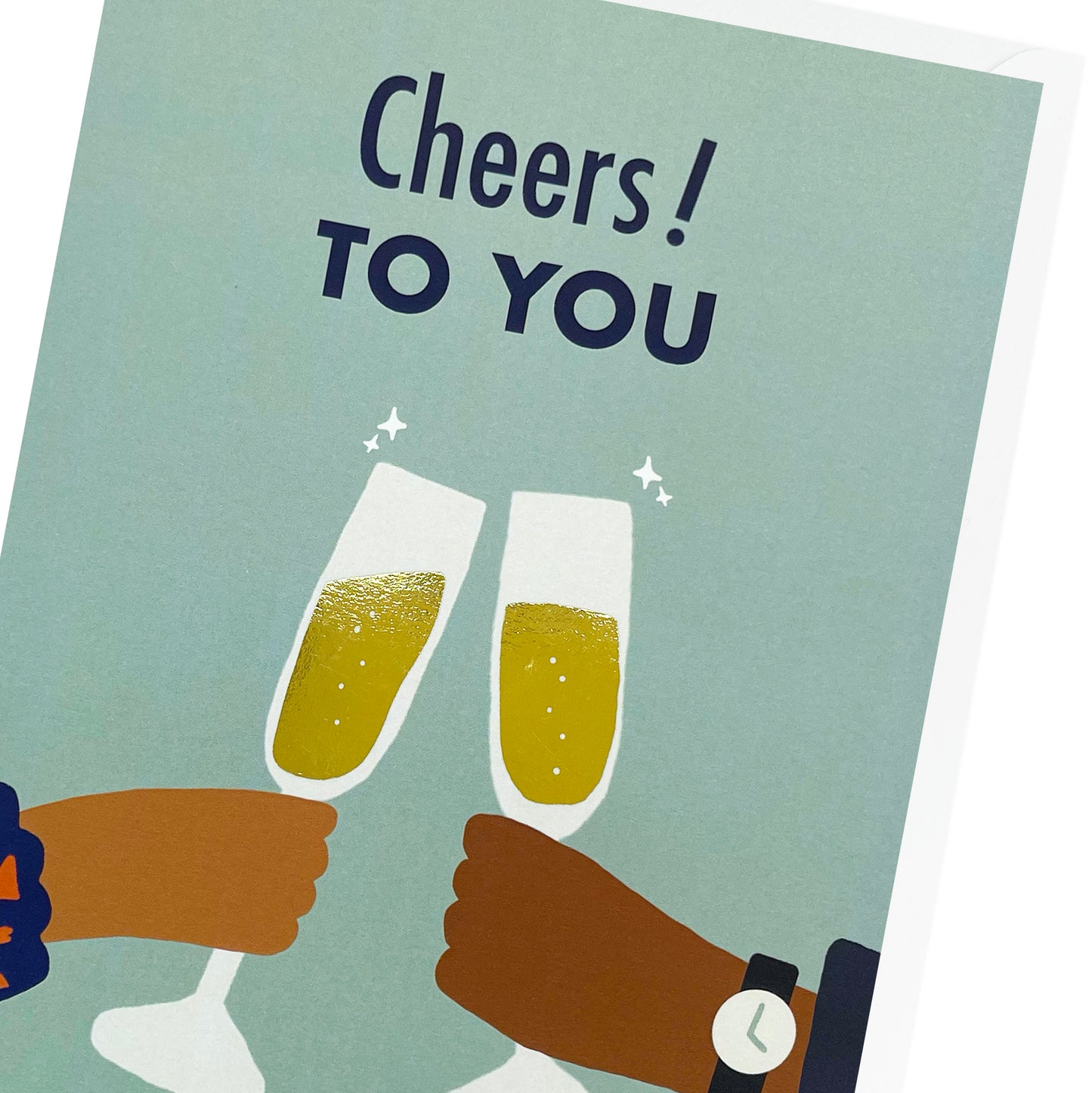 A close up of a couple holding champagne flutes. Black greeting card.