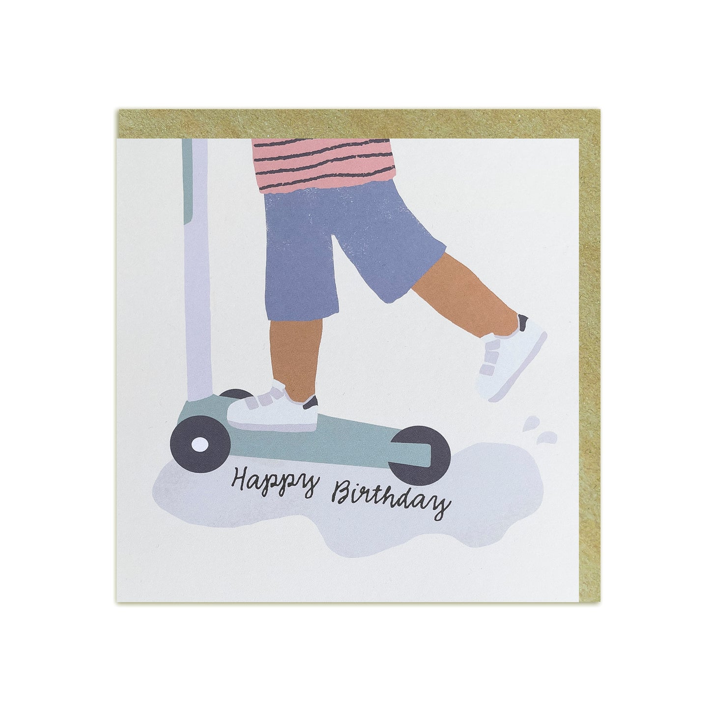 Black Birthday card featuring a black or mixed-race boy joyfully riding a scooter with the text "Happy Birthday"