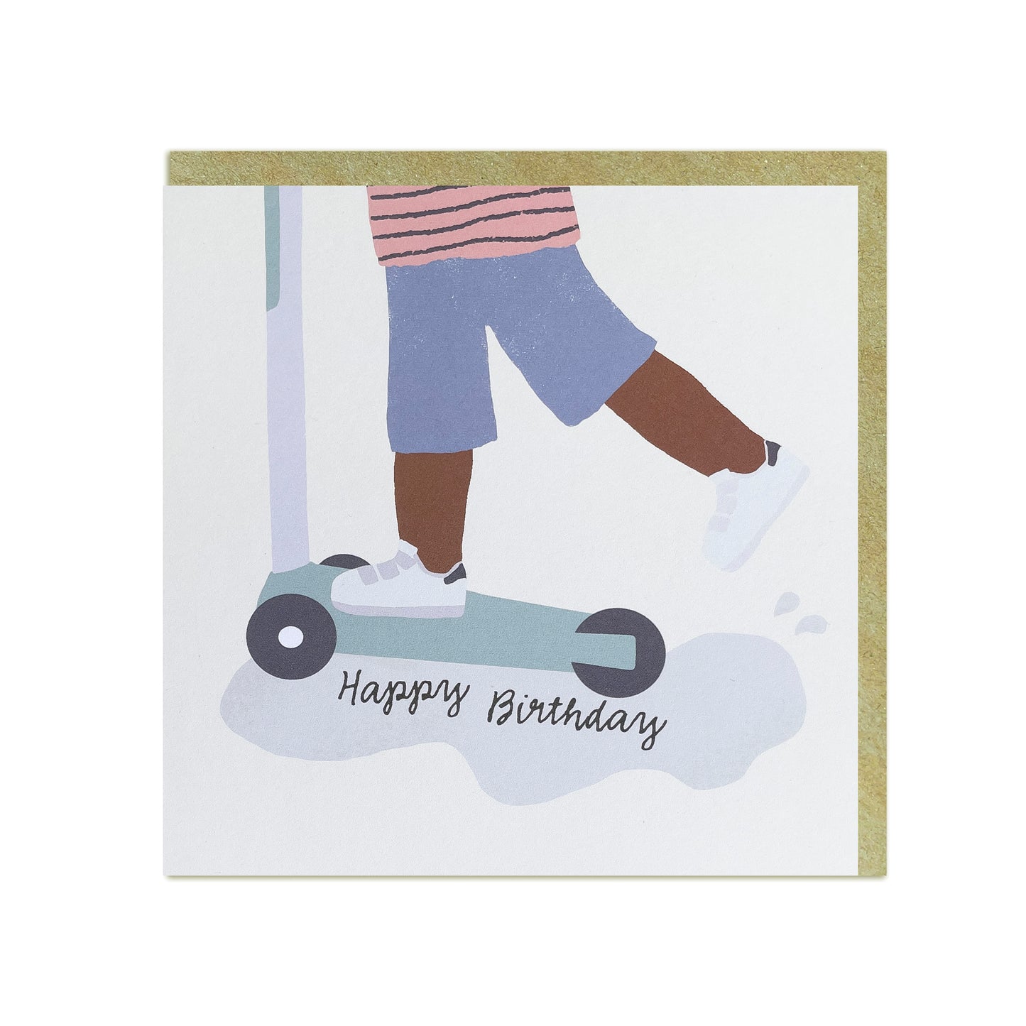 Black Birthday card featuring a black or mixed-race boy joyfully riding a scooter with the text "Happy Birthday"