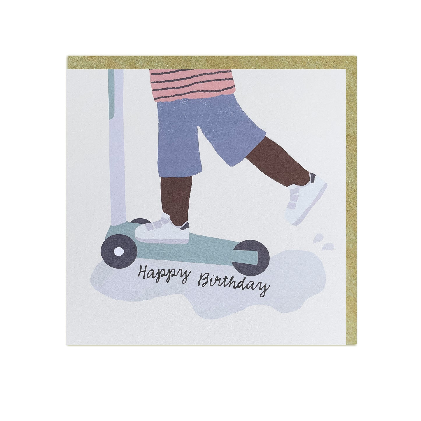 Black Birthday card featuring a black or mixed-race boy joyfully riding a scooter with the text "Happy Birthday"