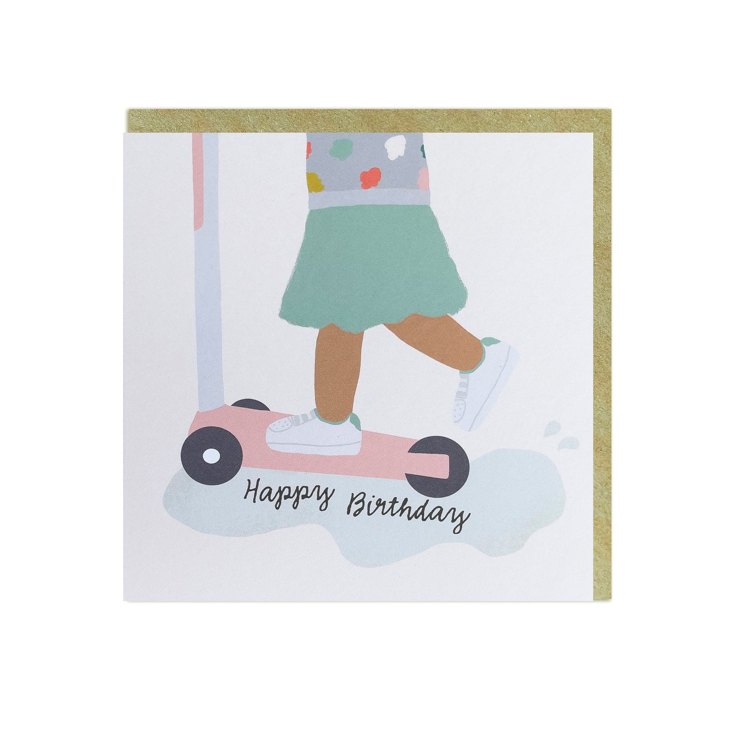 Black Birthday card featuring a black or mixed-race girl joyfully riding a scooter with the text "Happy Birthday"