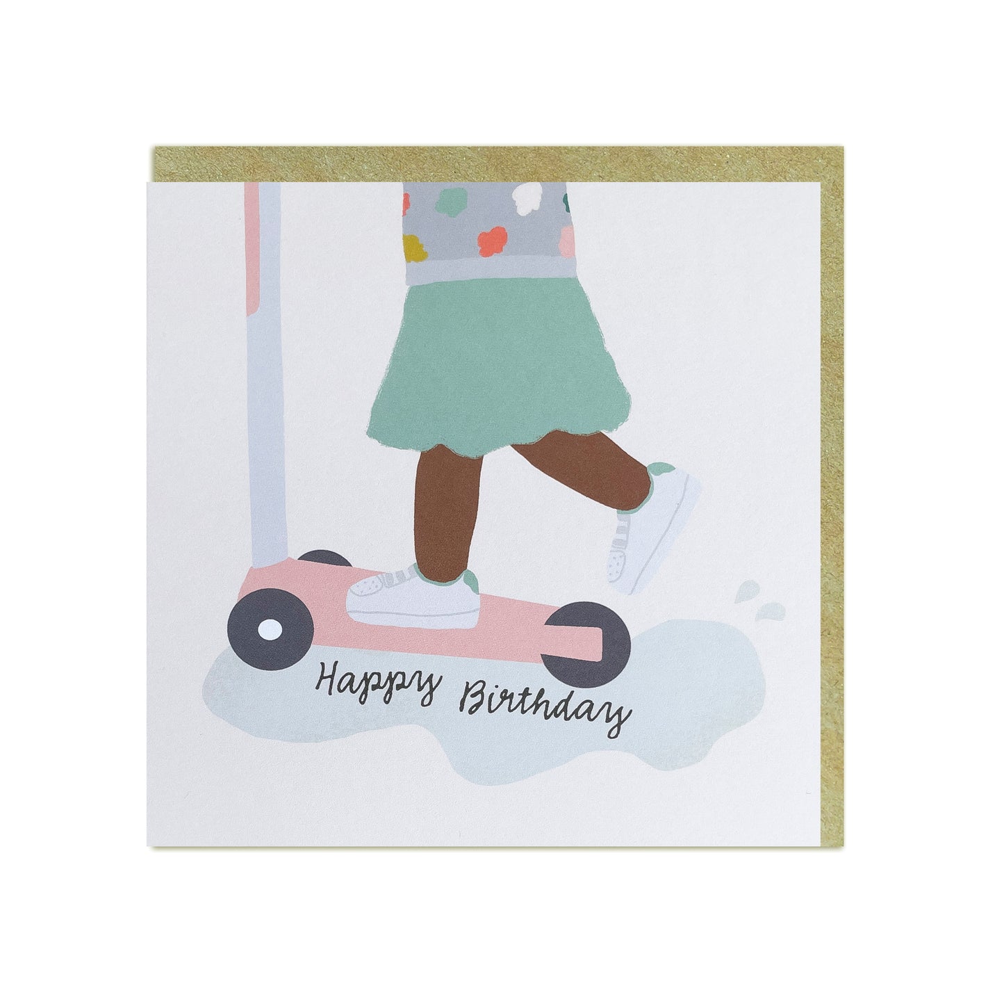 Black Birthday card featuring a black or mixed-race girl joyfully riding a scooter with the text "Happy Birthday"