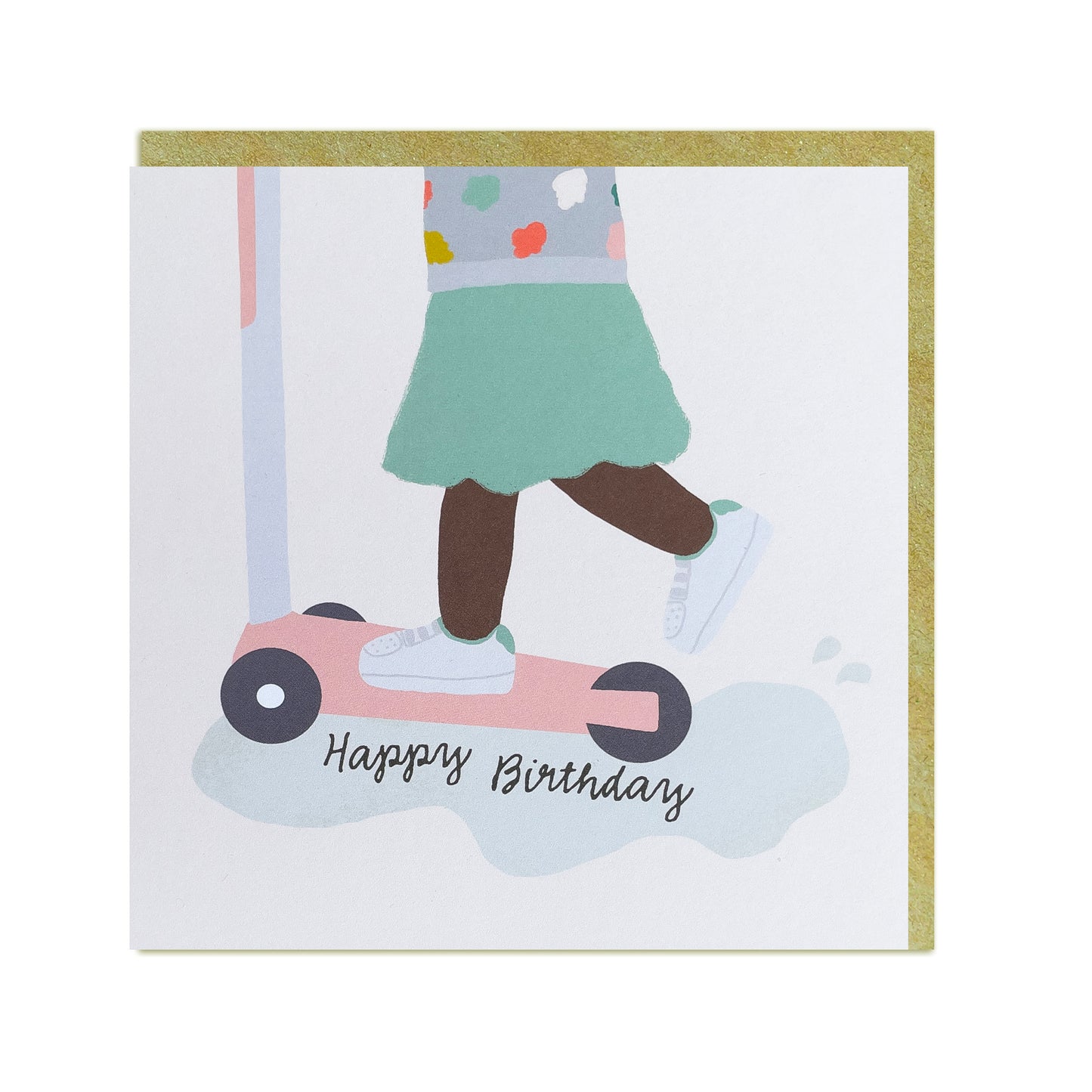Black Birthday card featuring a black or mixed-race girl joyfully riding a scooter with the text "Happy Birthday"