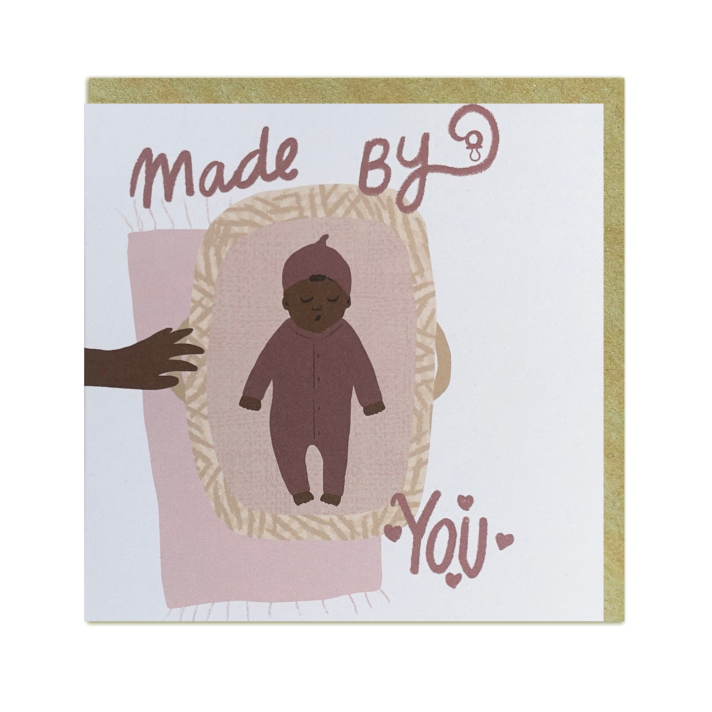 A black greeting card for a new baby girl, featuring a heartfelt "made by you" message, celebrating black and mixed race, mixed heritage.