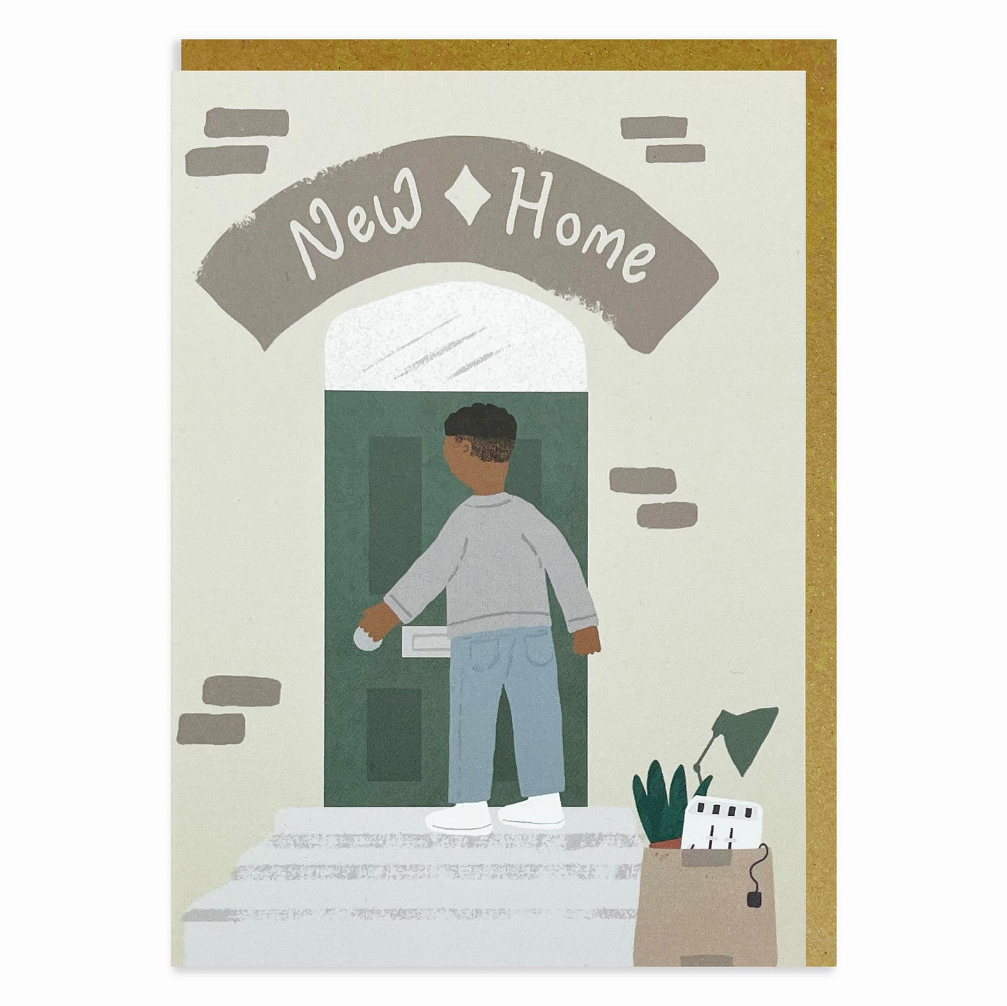 A black greeting card features a man of black or mixed race, mixed heritage standing at the door of a house, celebrating a new home.
New Home Cards. Black greeting cards, mixed race, mixed heritage.
A greeting card featuring a man smiling as he stands at the door of a welcoming house.