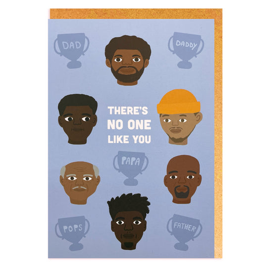 A colourful card featuring Six Black and mixed race, mixed heritage dads of different age groups. A Black Father's Day card, or birthday card. Black greeting cards.