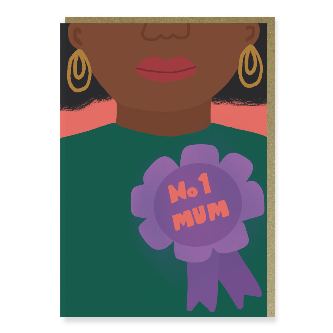 A black greeting card featuring a Beautiful Black mum, wearing a number one mum badge, perfect for Mother's Day or birthdays.