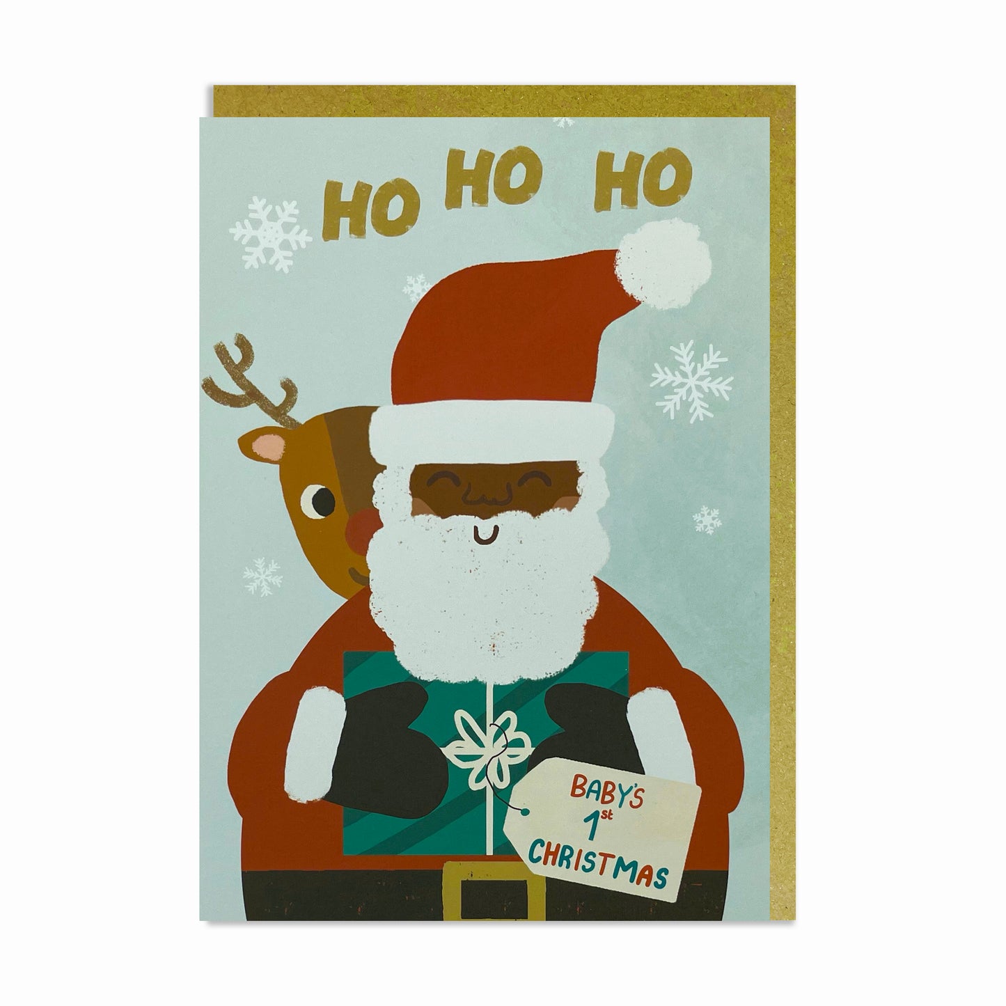 A joyful Black Santa holding a Christmas present, with Rudolph the reindeer behind him. Black Christmas card.