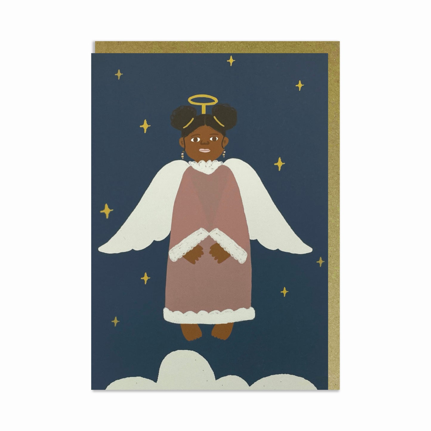 A cheerful Black Christmas Angel in the sky, surrounded by twinkling stars. Black Christmas card.
