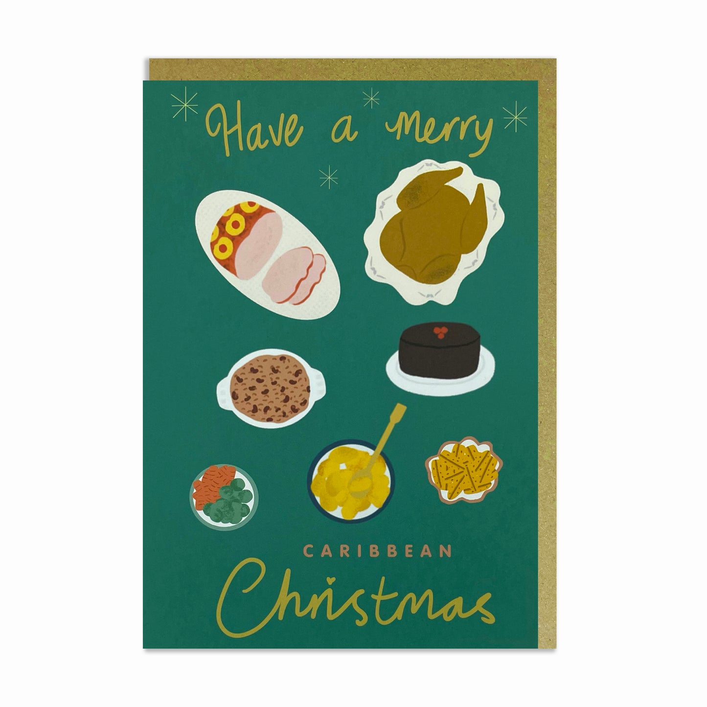 A Caribbean Christmas roast dinner includes jerk chicken, plantain, rice and peas, and other delights. Black Christmas card.