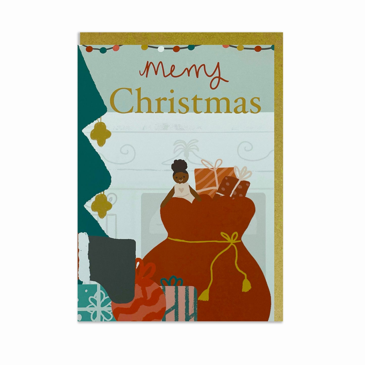 A smiling Black doll in Black Santa's Christmas Sack. Black Christmas card.