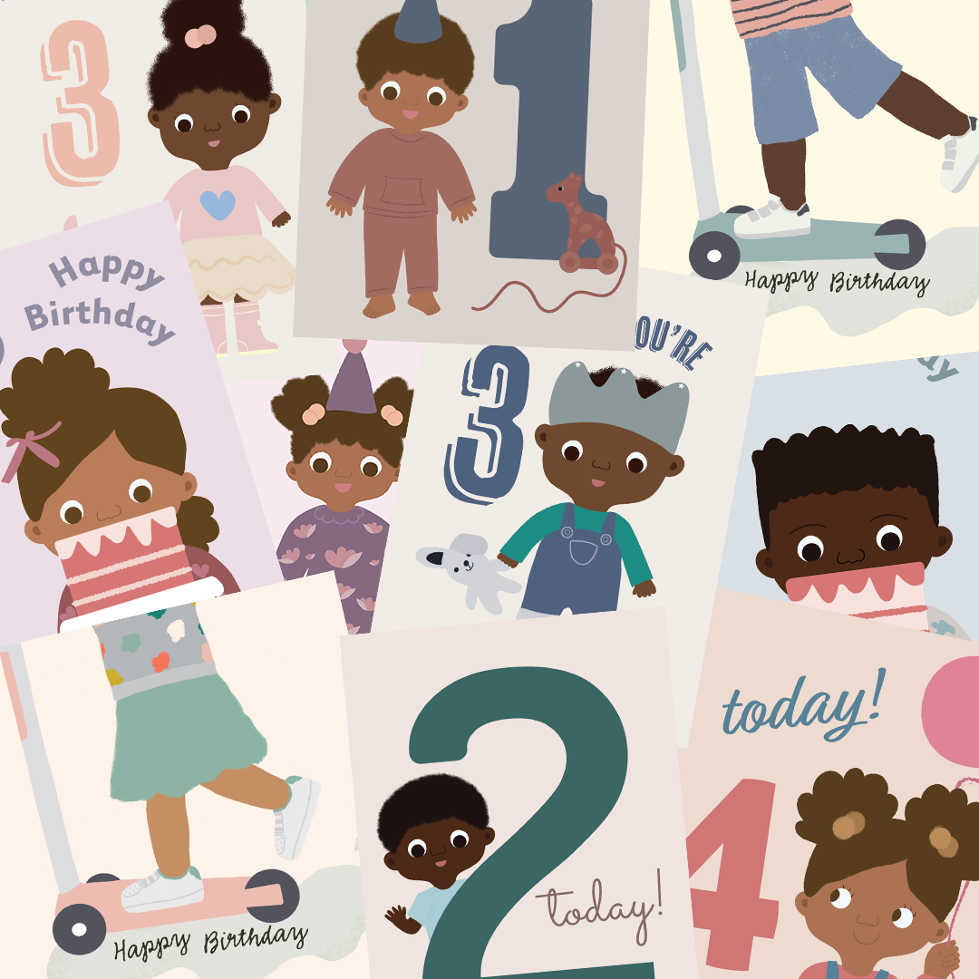 Illustrated collage of Black and mixed-heritage children's birthday cards for ages 1 to 5, featuring party hats, scooters, and balloons.