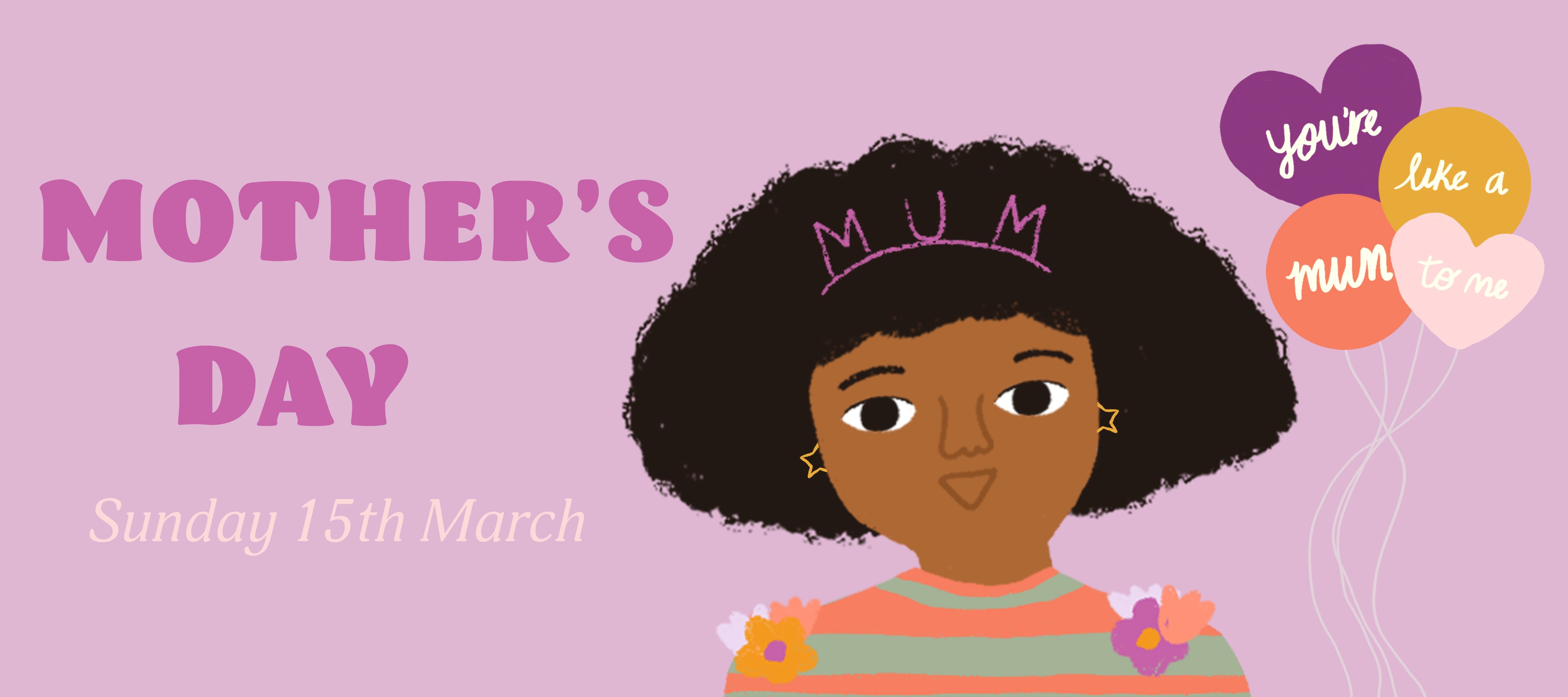 Black Mum with big afro hair, wearing a pink Mum headband and surrounded my Mother's Day balloons!