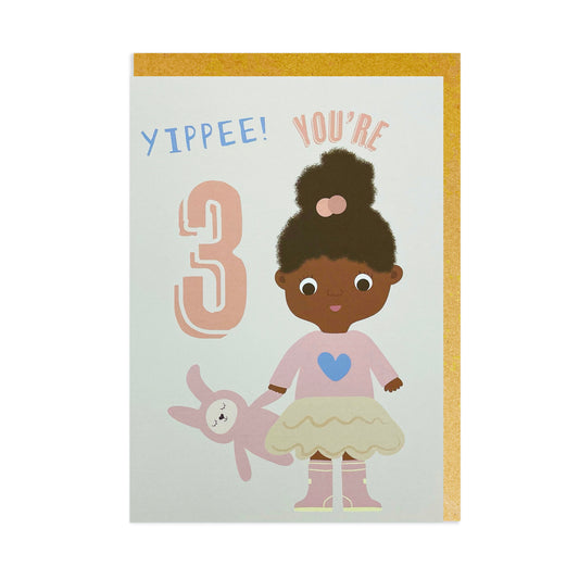 A birthday card for a 3 year old girl. Black birthday cards, mixed race, mixed heritage.