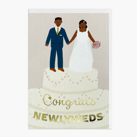 Black Bride and Black Groom on top of a wedding cake. Black Greeting Card