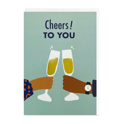A couple holding champagne flutes. Black greeting card.