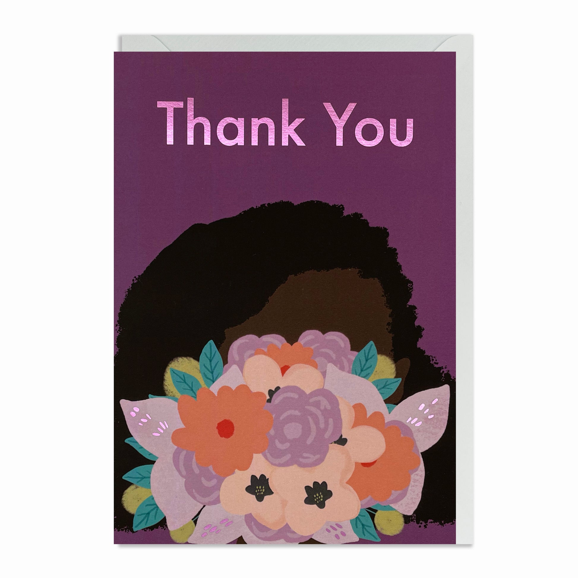 Black Woman  hiding her face behind a bouquet of beautiful colourful flowers. Black Greeting Card