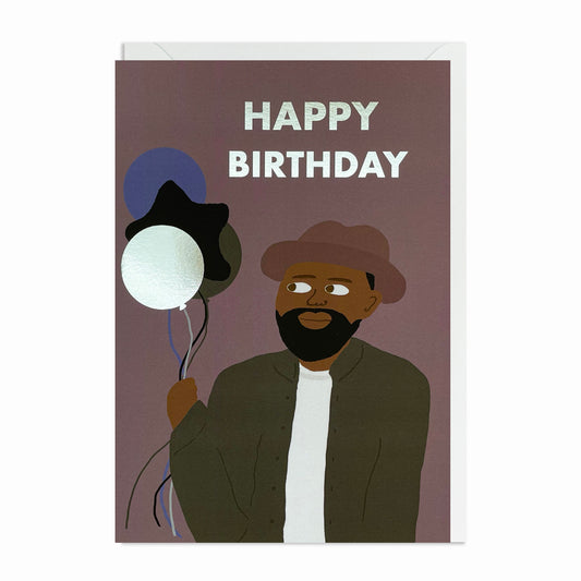 A Black Man wearing a brim hat, holding birthday balloons. Black Birthday Card
