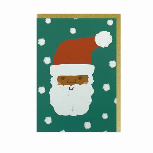 Black Santa Claus with snowflakes in the background. Black Christmas card.