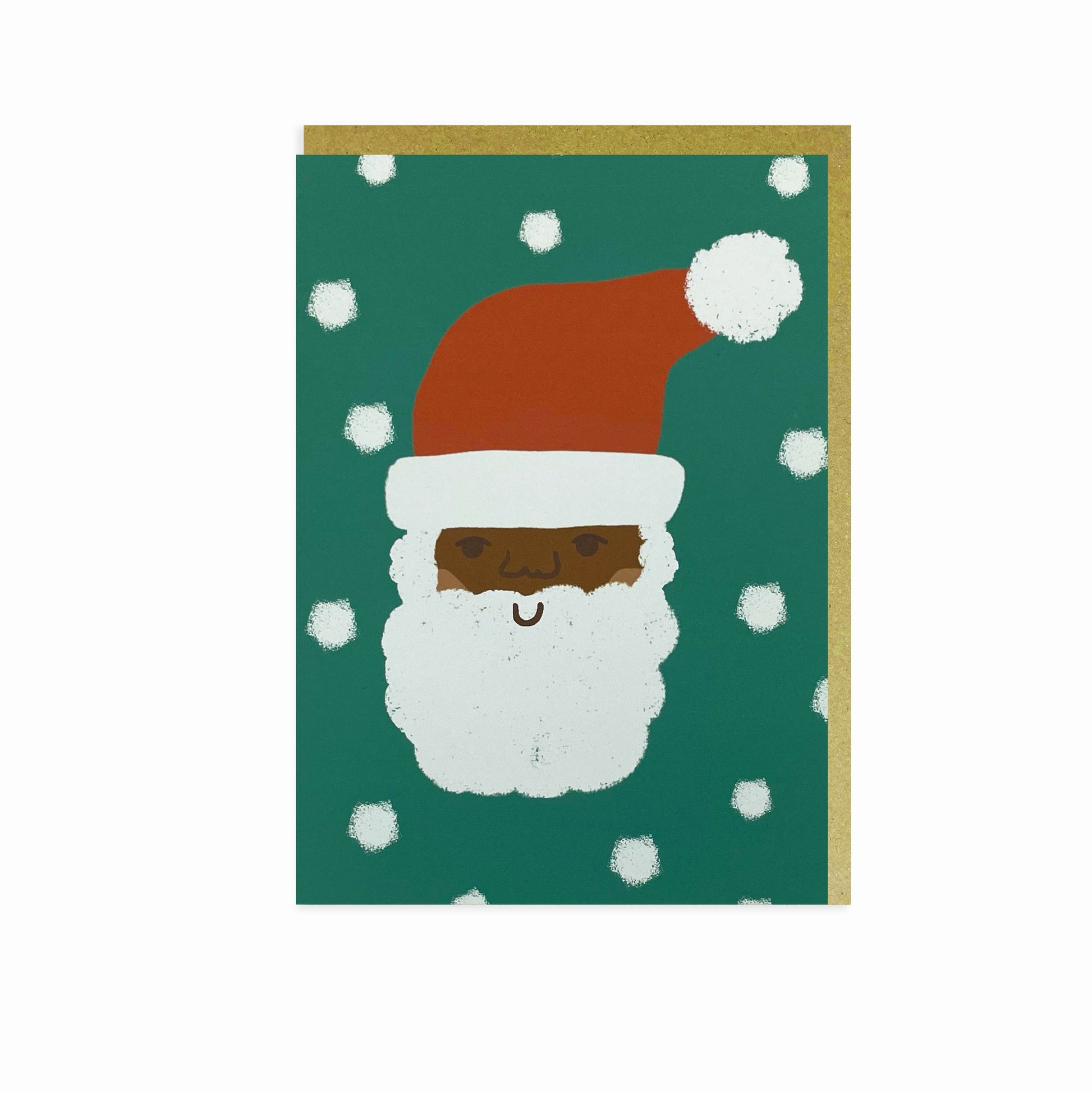 Black Santa Claus with snowflakes in the background. Black Christmas card.