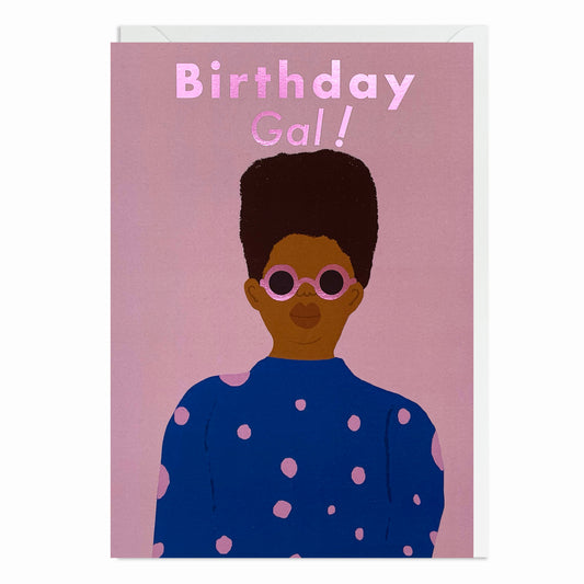 Black Woman wearing shades and a spotty jumper. Black Birthday Card