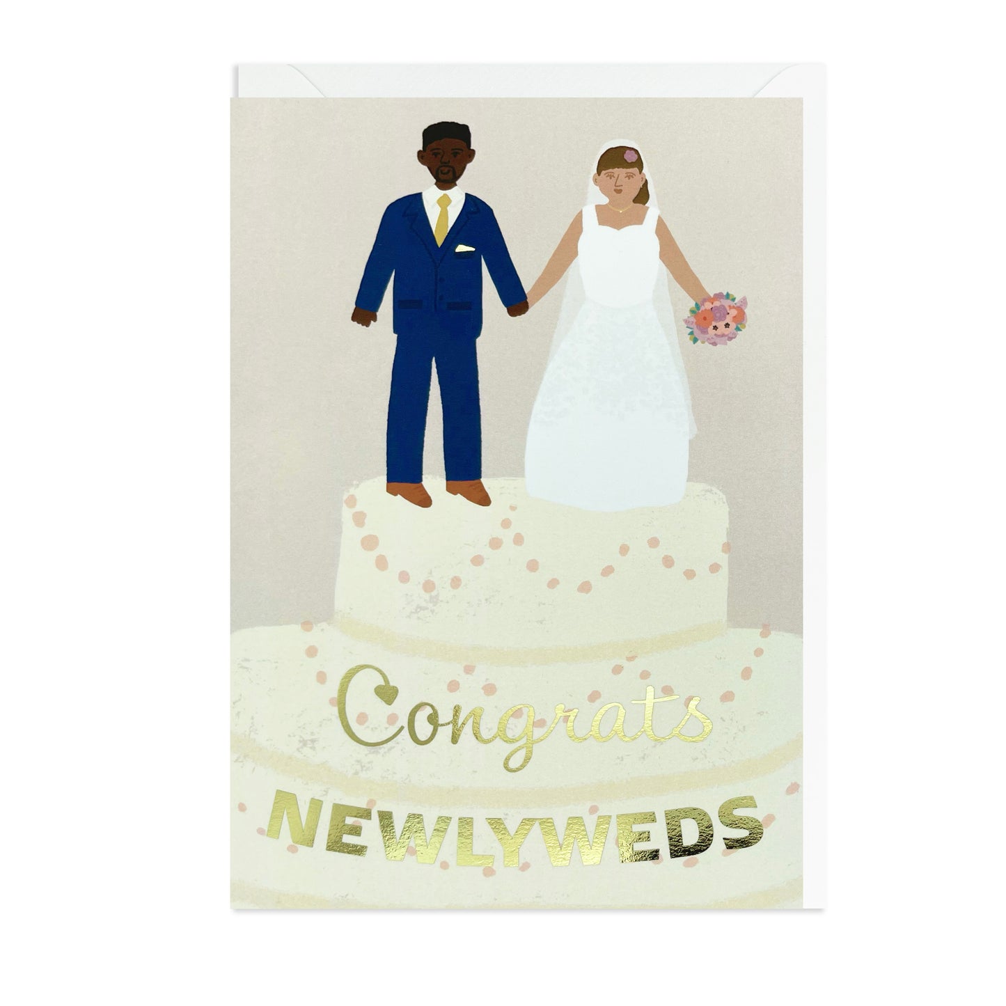 White Bride and Black Groom on top of a wedding cake. Black Greeting Card