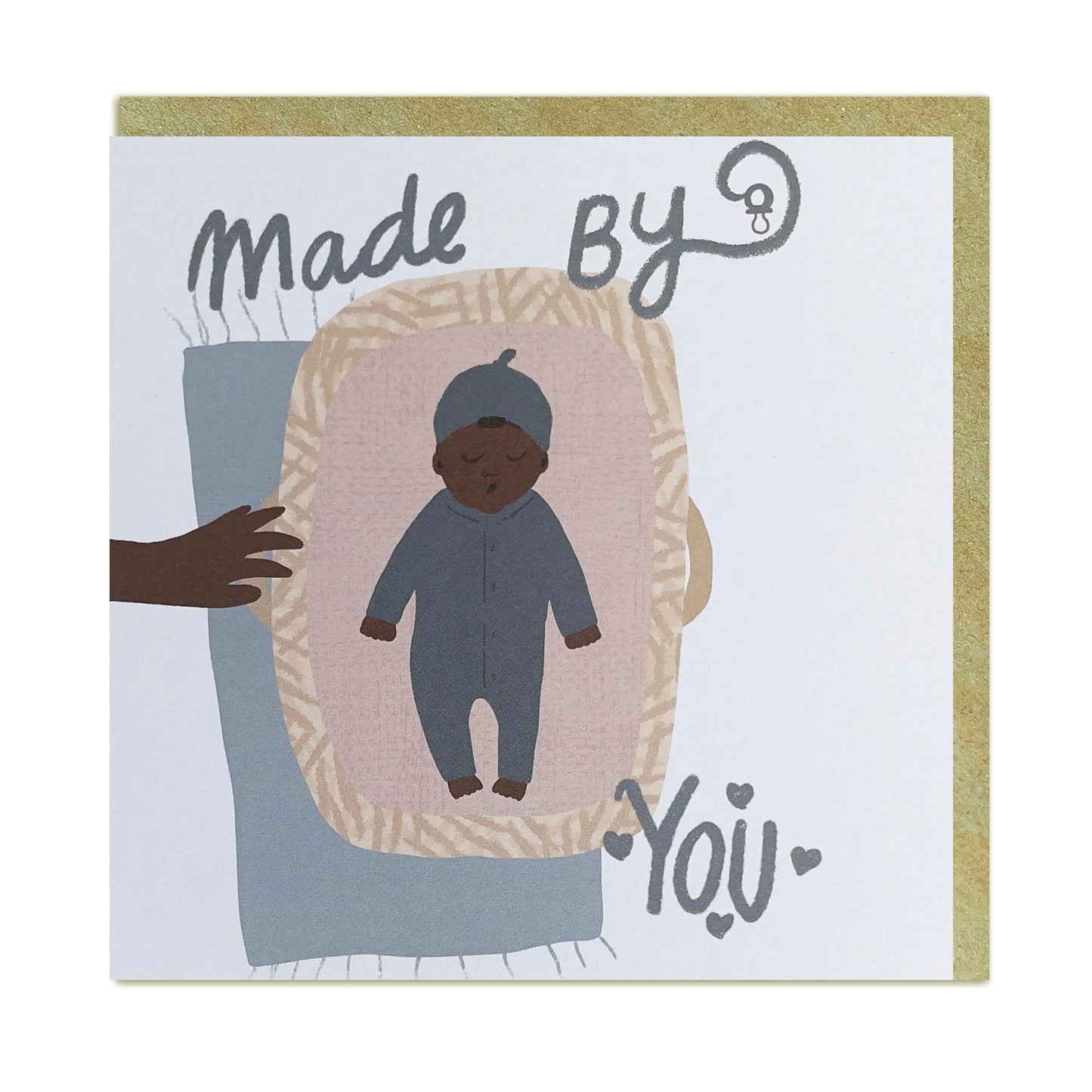 A black greeting card for a new baby boy, featuring a heartfelt "made by you" message, celebrating black and mixed race, mixed heritage.