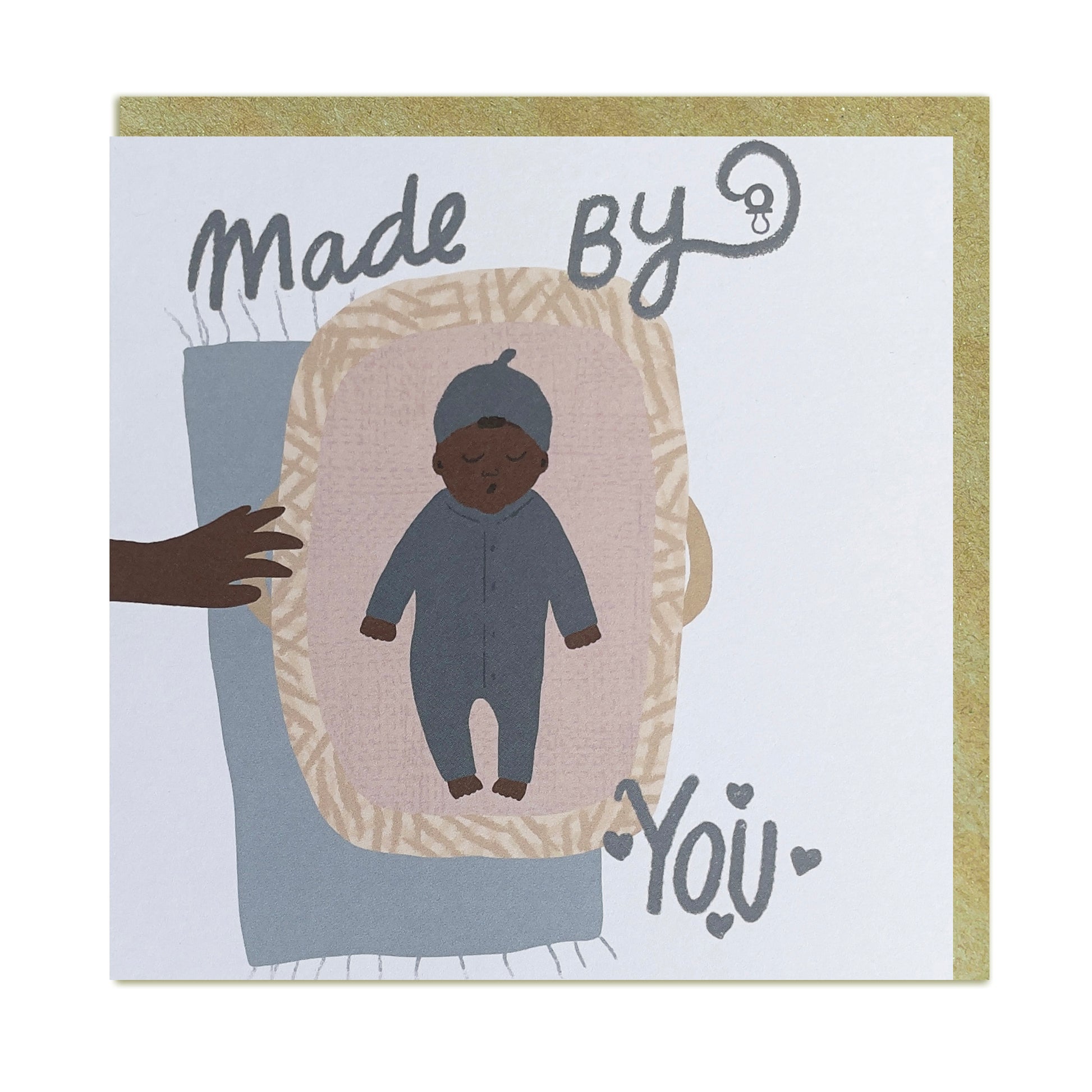 A black greeting card for a new baby boy, featuring a heartfelt "made by you" message, celebrating black and mixed race, mixed heritage.