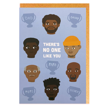 Six Black and mixed race, mixed heritage dads, of different age groups. Black Father's Day card, or birthday card. Black greeting cards.