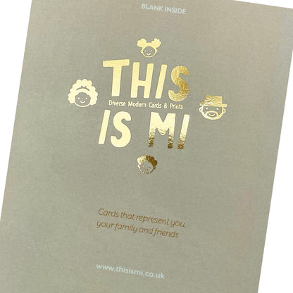 Back of card close up, of the This Is Mi logo with a gold foil finish. Black Greeting Card