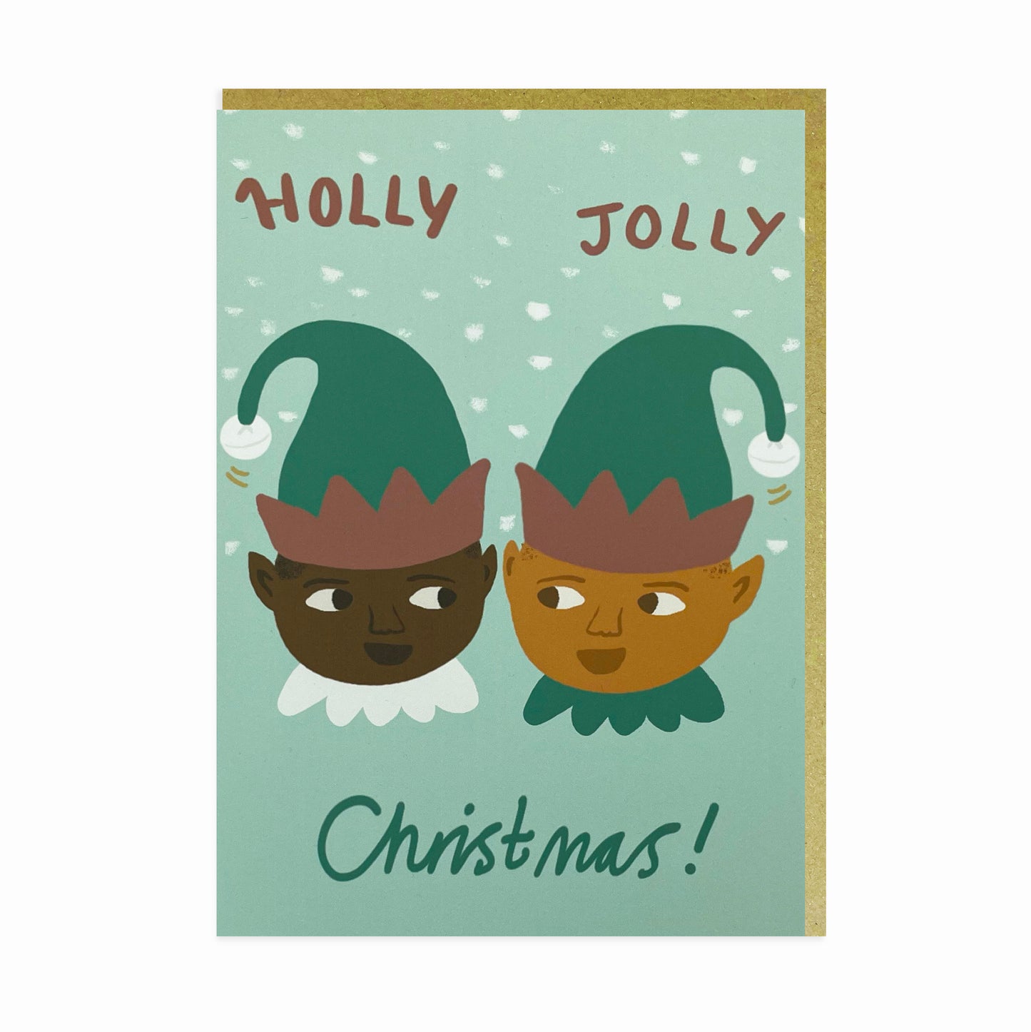 Two Happy Black Christmas Elves with falling snow. Black Christmas card.