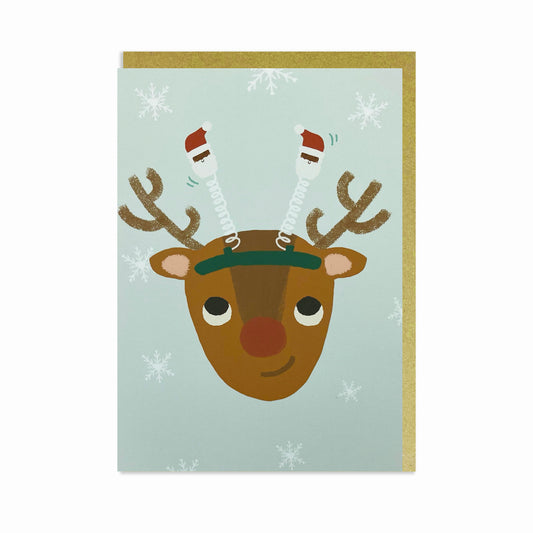 Red Nose Rudolph, wearing Black Santa head boppers! Black Christmas card.