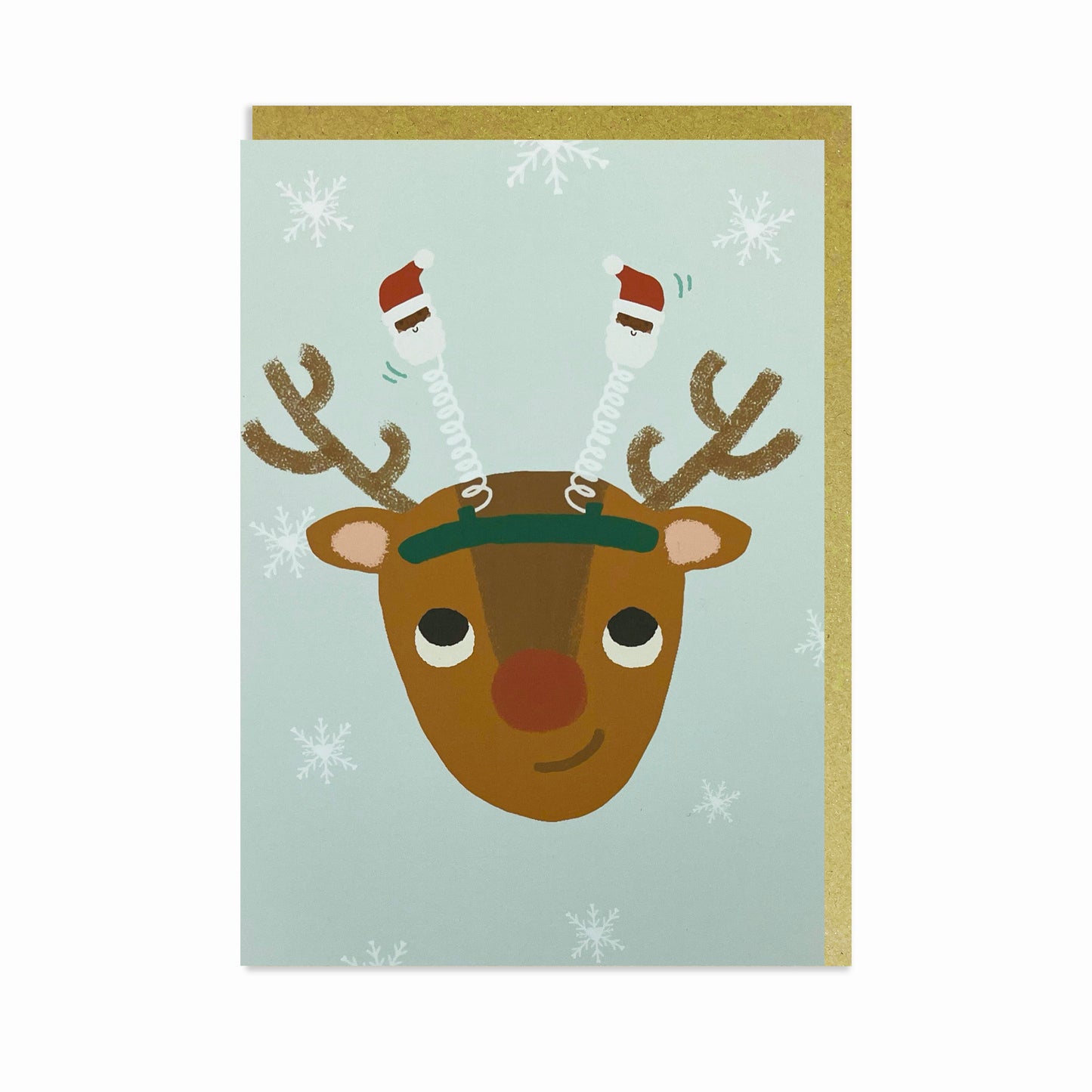 Red Nose Rudolph, wearing Black Santa head boppers! Black Christmas card.